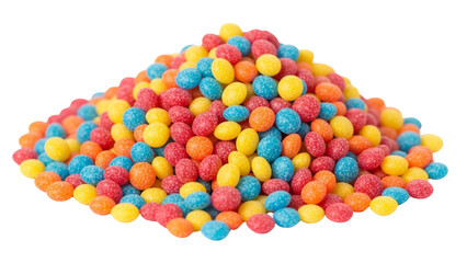 Obraz premium A vibrant pile of colorful, candy-coated sweets, resembling small pebbles, against a stark black background