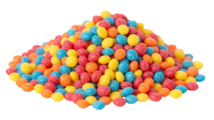 A vibrant pile of colorful, candy-coated sweets, resembling small pebbles, against a stark black background