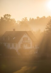 Serene Home Engulfed in Misty Sunrise, Forest Landscape Backdrop