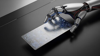 Robot hand holding advanced circuit board, future technology concept