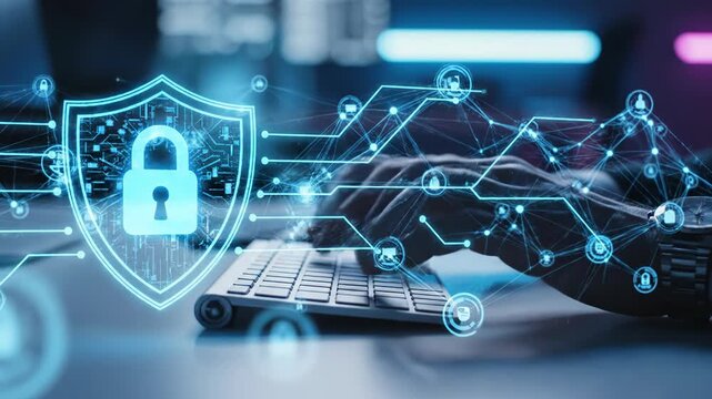 A persons hand on a keyboard with a shield and lock symbol on the left side of the image representing internet security and protection
