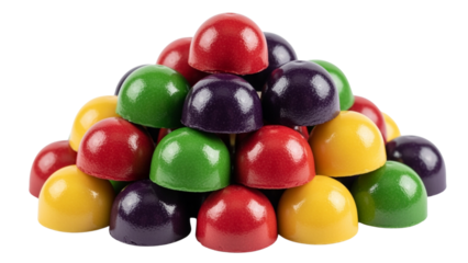 A vibrant pile of colorful, dome-shaped confectioneries. The treats have a glossy sheen. The assorted hues are neatly arranged in a stacked form