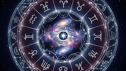 Celestial Astrological Zodiac Wheel with Cosmic Galaxy Eye at the Center