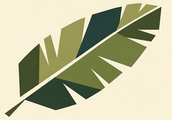 Stylized tropical leaf illustration in geometric shapes and muted greens