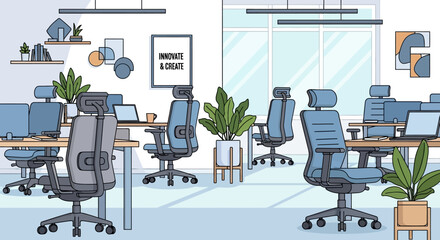 Modern Office Workspace with Ergonomic Chairs.