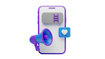 3D Smartphone with Megaphone, Ladder, and Like Icon