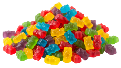 A vibrant pile of small, gummy bear candies. These sweet treats come in various bright colors, a tempting and playful snack