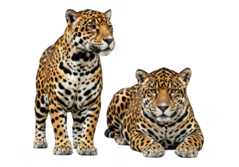 Two majestic leopards showcasing their wild beauty standing and lying down isolated on transparent background
