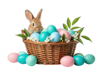 Adorable easter bunny surrounded by colorful eggs in a wicker basket isolated on transparent background