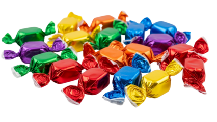 Assorted colorful candies, individually wrapped, scattered. Reflective wrappers in various hues red, orange, yellow, green, blue, purple
