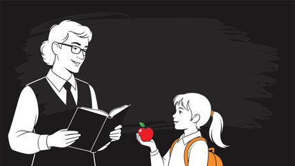 Black and white illustration of a young school girl with a backpack giving a red apple to her smiling female teacher.