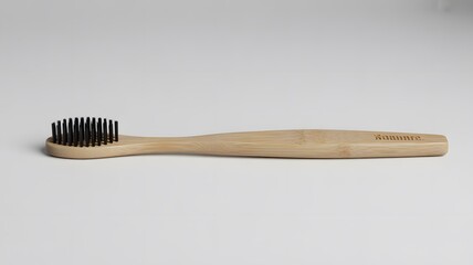 A simple wooden toothbrush with black bristles lies on a clean white surface