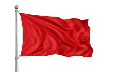 Vibrant red fabric flag gracefully billowing on a metallic pole, a digitally rendered emblem against a clean white backdrop, symbolizing alert, warning, or a decisive signal