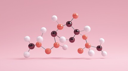 An abstract molecular structure made from white, orange, and dark red spheres on a pink background for science concept