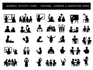 Fototapeta premium Silhouette icons of teaching, learning, reading, writing, group discussion, and graduation scenes