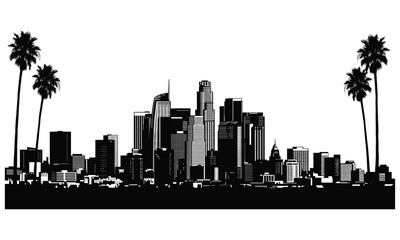 Fototapeta premium Los Angeles city skyline silhouette vector illustration, downtown urban landscape with palm trees, black and white panoramic view design graphic
