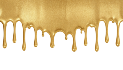 Realistic golden liquid dripping, with a lustrous shine, creating an elegant and luxurious effect against a clean white background