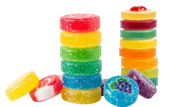 Colorful stacks of candy and a few loose pieces. Various colors with fruity patterns are visible. Isolated on black