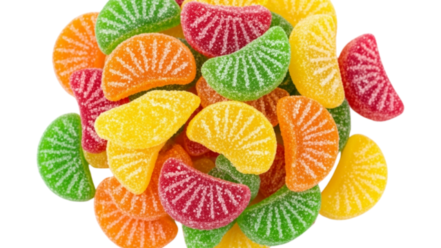 Close-up view of colorful, sugared fruit-slice gummies, arranged in a vibrant, scattered pile against a transparent background - Powered by Adobe