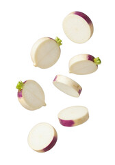 Sliced turnips or radishes falling in the air, cut into round pieces, fresh and healthy, isolated on transparent background