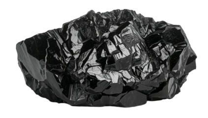 Vivid close-up of a raw, deep black coal lump, highlighting its natural luster, rough fractured surfaces, and intricate crystalline texture, an essential mineral for energy