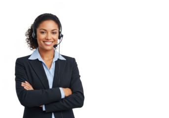 Confident businesswoman wearing headset, smiling and standing with arms crossed, professional customer service representative isolated on transparent background