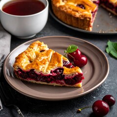 Slice of cherry pie with tea and cherries on a plate