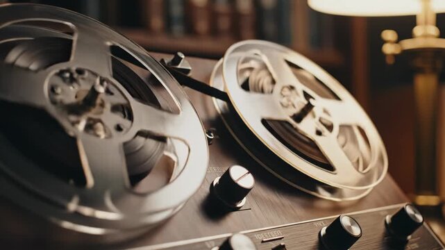 A closeup of old film reels and a tape recorder on a table in a room with warm lighting