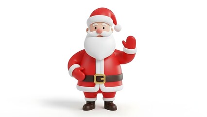 A 3D cartoon Santa Claus figure in a red suit waving on a white background, embodying the festive spirit of Christmas.