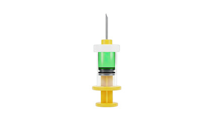 Green liquid syringe with yellow plunger and needle on white background