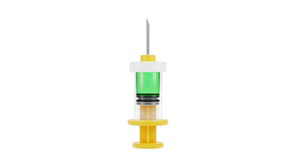 Green liquid syringe with yellow plunger and needle on white background