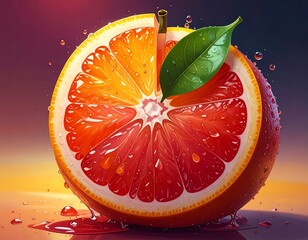 Sliced citrus fruit with juice drops, stem, and leaf, vibrant colors