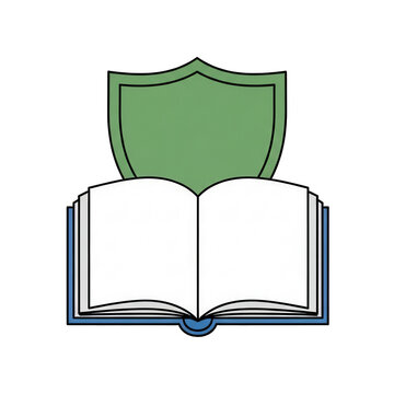 A stylized graphic representation of an open book with a green shield emblem behind it, symbolizing knowledge protection, education, and security in a scholastic or informational context