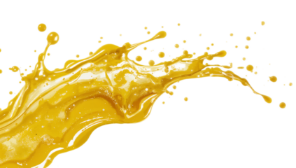 Vibrant yellow liquid splash frozen in time, with droplets and energetic motion, isolated on a white background
