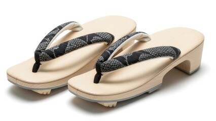 Naklejka premium Traditional wooden Japanese geta sandals with patterned straps on a white background