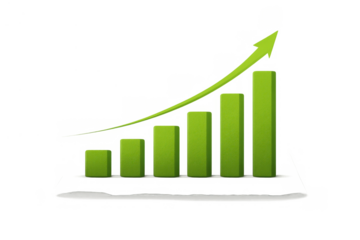 Green bar chart symbolizing increasing growth and financial success with an upward arrow on transparent background