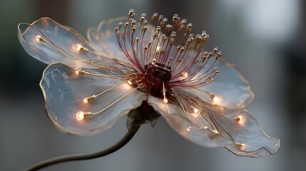 Illuminated, delicate, translucent flower with wired, glowing details
