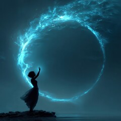Silhouette of a woman reaching towards glowing energy circle in the sky