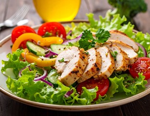 Sliced grilled protein atop a colorful salad with various fresh vegetables