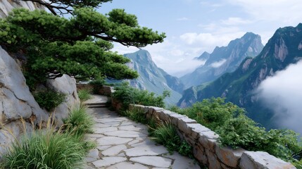 Winding stone path on Mount Huashan with cloudy mountains