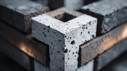 Close-up of concrete brick arrangement, focus on a corner