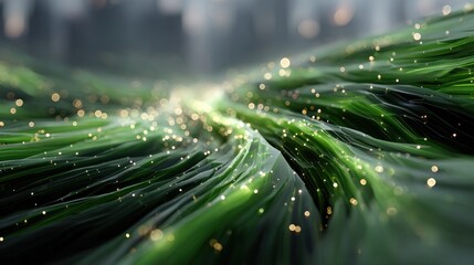 Abstract digital landscape of flowing green strands with glittering particles
