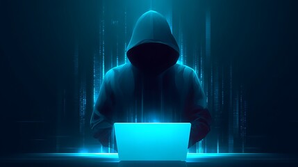 Anonymous Hacker in Hoodie Using Laptop for Cyber Crime and Data Breach Security Concept with Glowing Blue Light