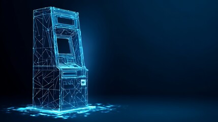 Futuristic Blue Wireframe ATM Machine for Digital Banking and Automated Fintech Self Service Kiosk Concept