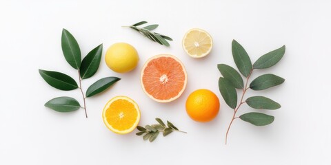 Obraz premium Winter citrus flatlay concept. Colorful citrus fruits arranged with green leaves on a white background.