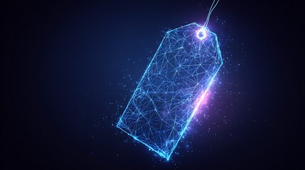 Futuristic Price Label Wireframe with Glowing Particles for Digital Retail and Fintech Marketing Concepts