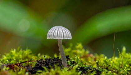 Small white mushroom growing amidst vibrant green moss and leaf