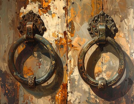 Close-up of weathered, ornate doors with detailed metal ring handles