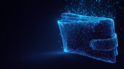 Futuristic Blue Wireframe Digital Wallet with Glowing Particles for Cryptocurrency and FinTech Concepts
