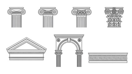 Variety of Classical Architectural Elements Featuring Column Capitals Arches and Friezes Keywords: classical architecture, column capital, ionic